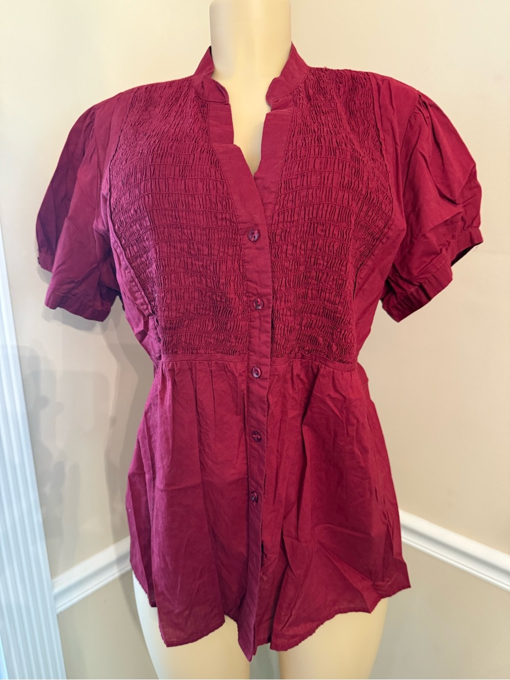 Apt. 9 Deep Berry Smocked Button-Front Blouse with Tie Back